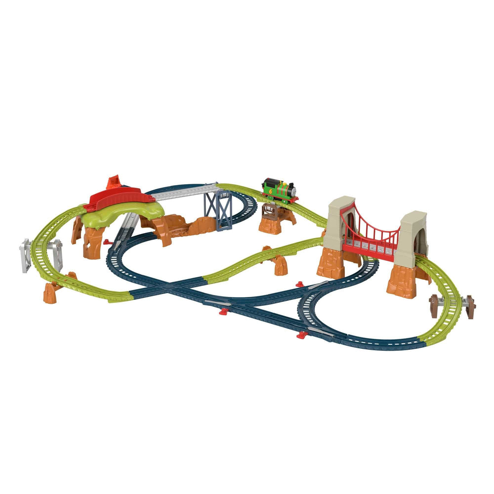 Thomas and Friends Percy engine powers through a multi-layout track for imaginative play.