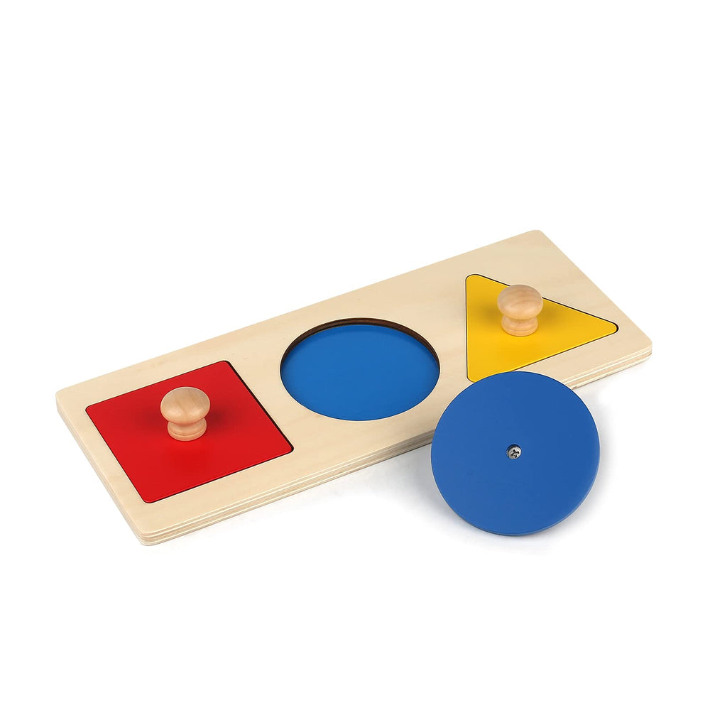 Thoth Montessori puzzle with jumbo knobs shows colorful geometric shapes for toddlers.