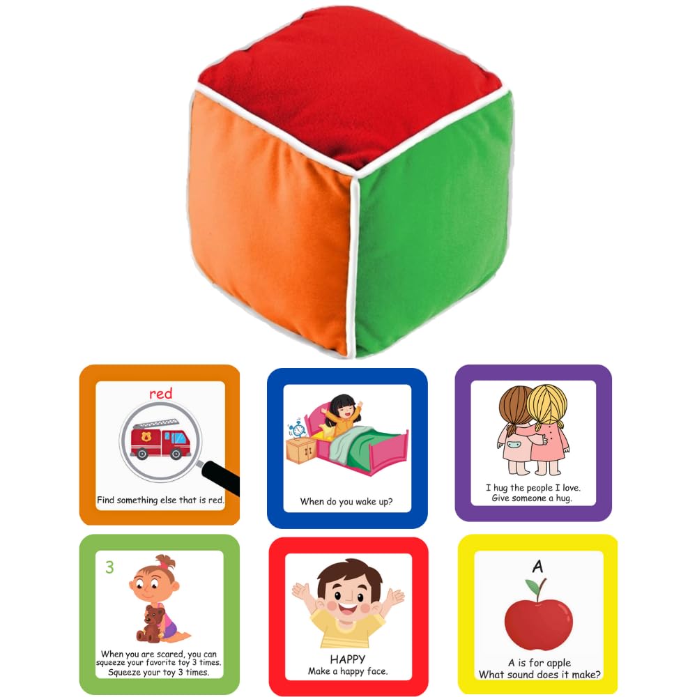 Thought-Spot Play & Learn Cube rolling with color cards to support color recognition.