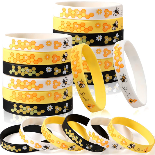 Threan bee silicone bracelets in a 96-piece multicolor display for events.