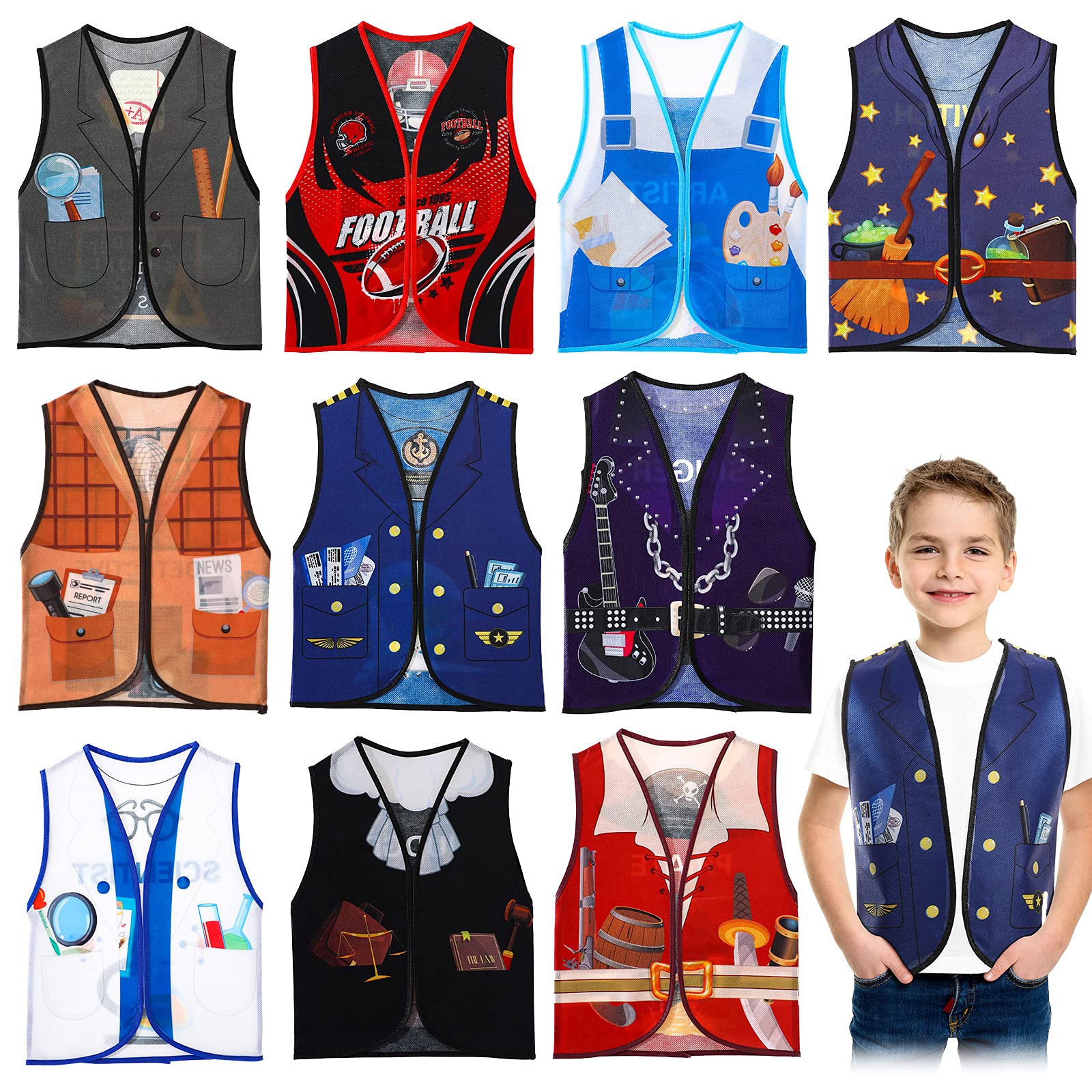 Threan career vest set packaging shows a colorful 10-piece pretend play kit for the classroom