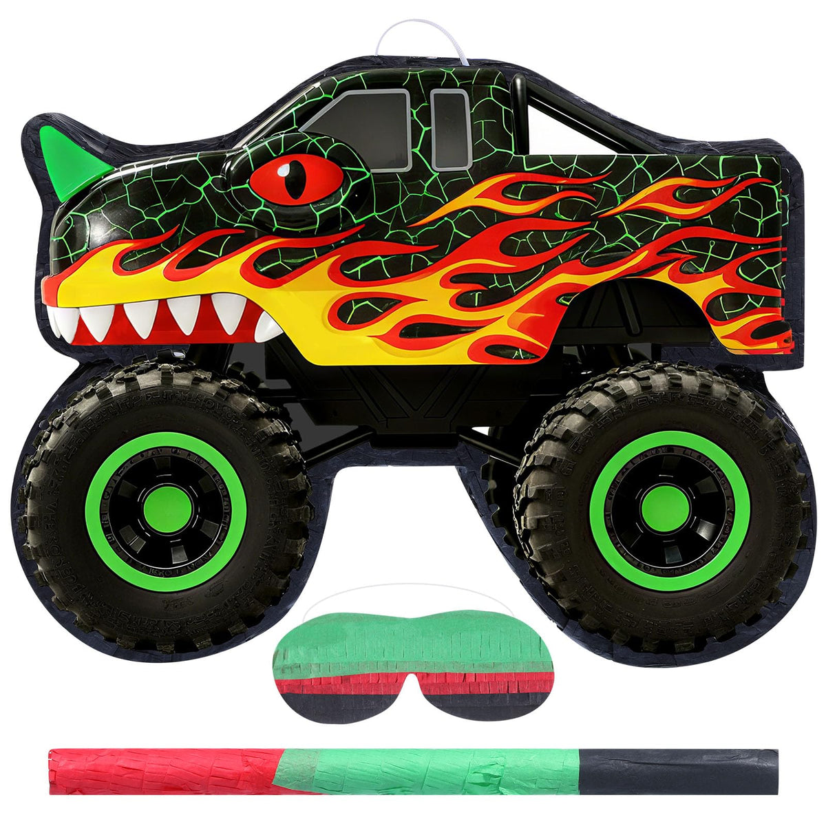 Threan dino monster truck pinata set as a vibrant centerpiece for kids' birthday parties.