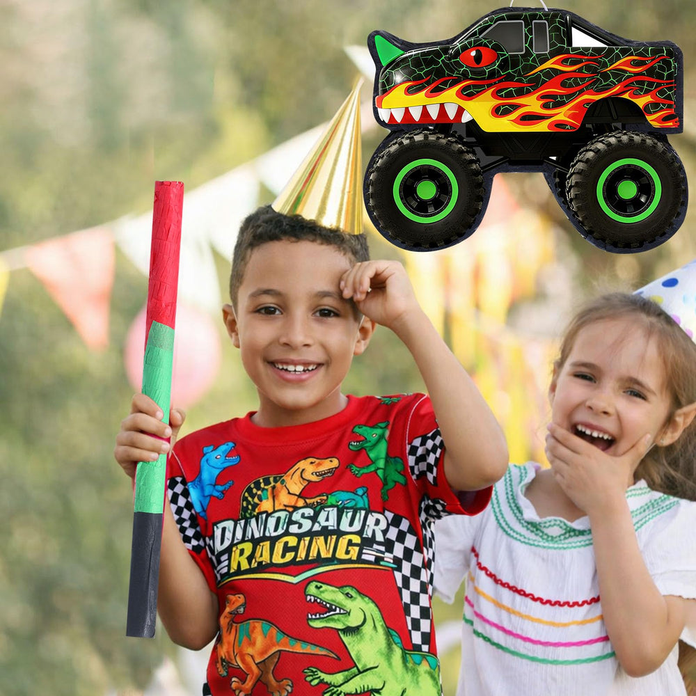 Threan dino truck party decor accessory enhances celebration atmosphere.