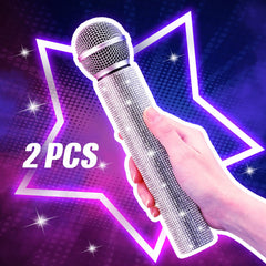 Threan glitter microphone prop with rhinestone outer shell for photo shoots.