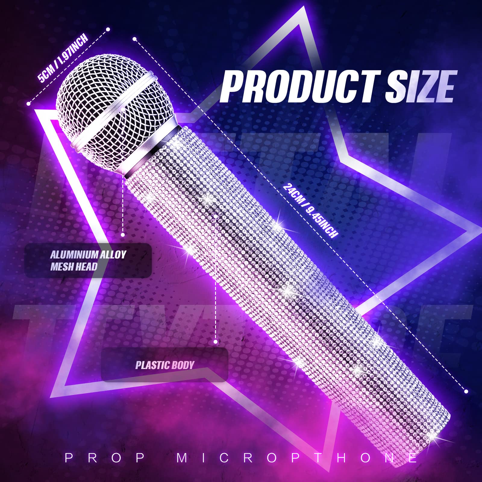 Threan microphone prop with rhinestones, adds sparkle to Halloween outfits and stage acts.