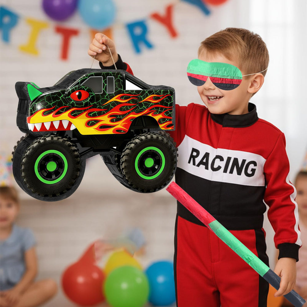 Threan monster truck party photo prop pinata enhances party visuals.