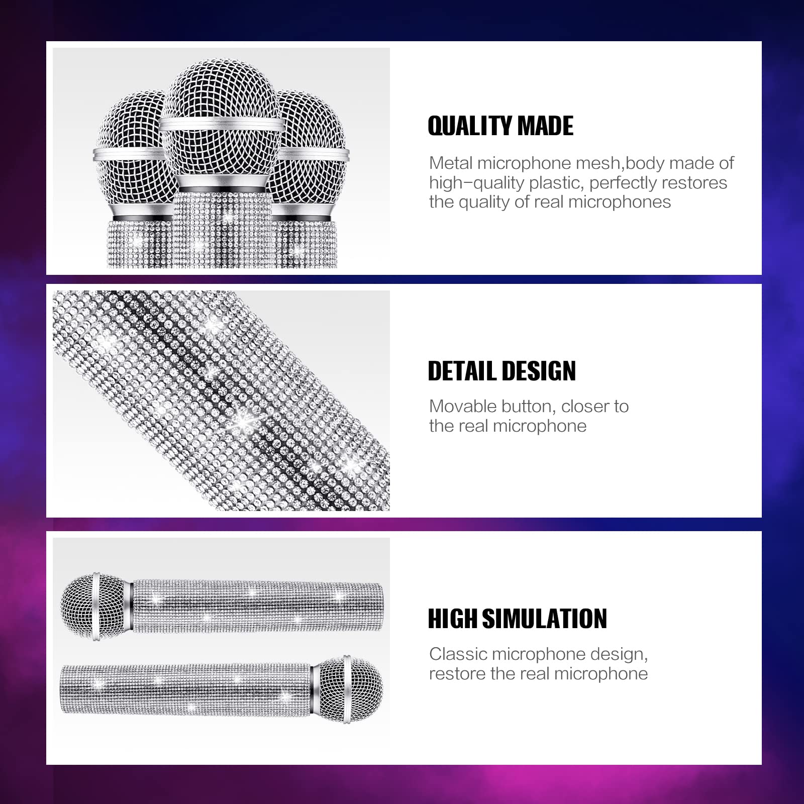 Threan sparkly microphone prop, compact size, easy to carry anywhere.