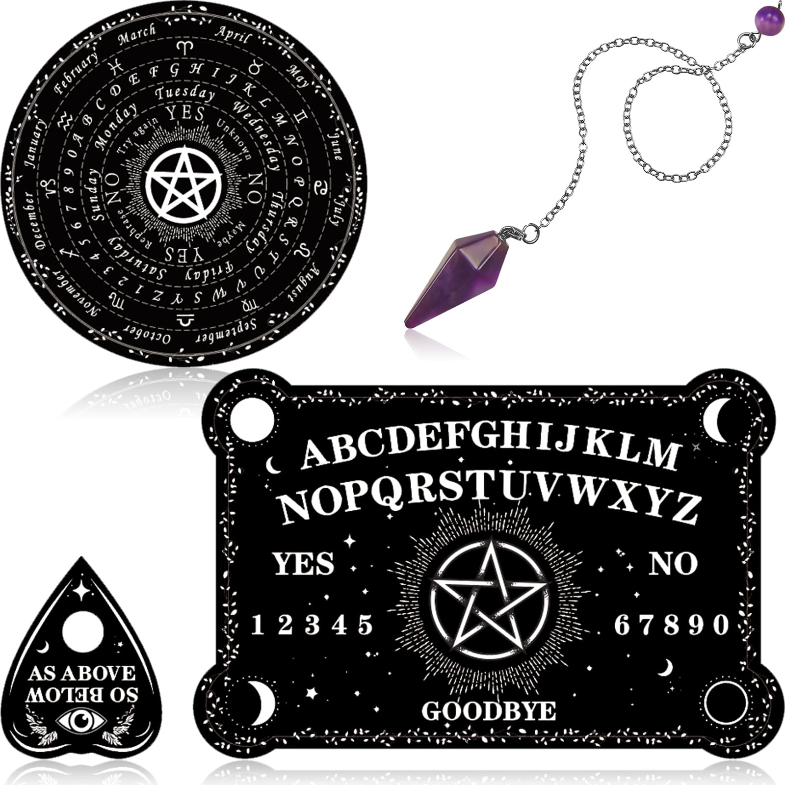 Threan pendulum dowsing board with amethyst set for focused divination sessions