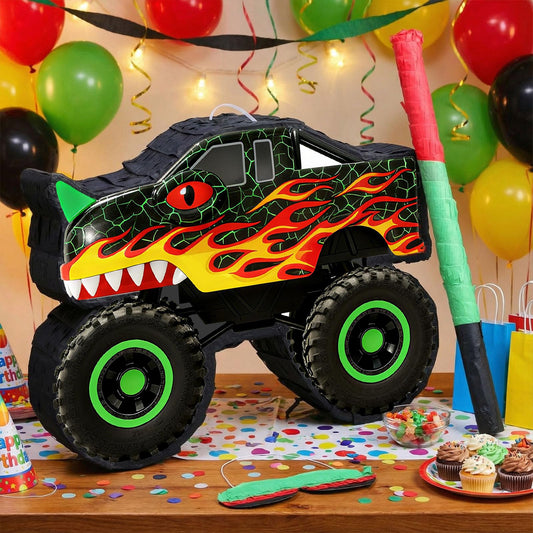 Threan pinata hanging display on ceiling creates a playful party backdrop.