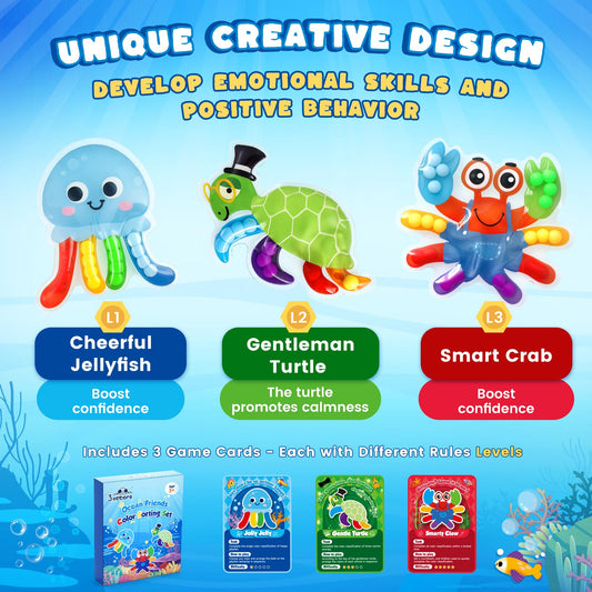 Three Otters crab, jellyfish, and turtle figures spark storytelling and social play.
