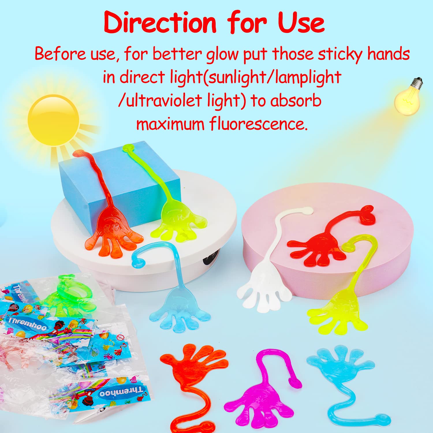 Assorted colors glow hands by Thremhoo brighten kids' events.