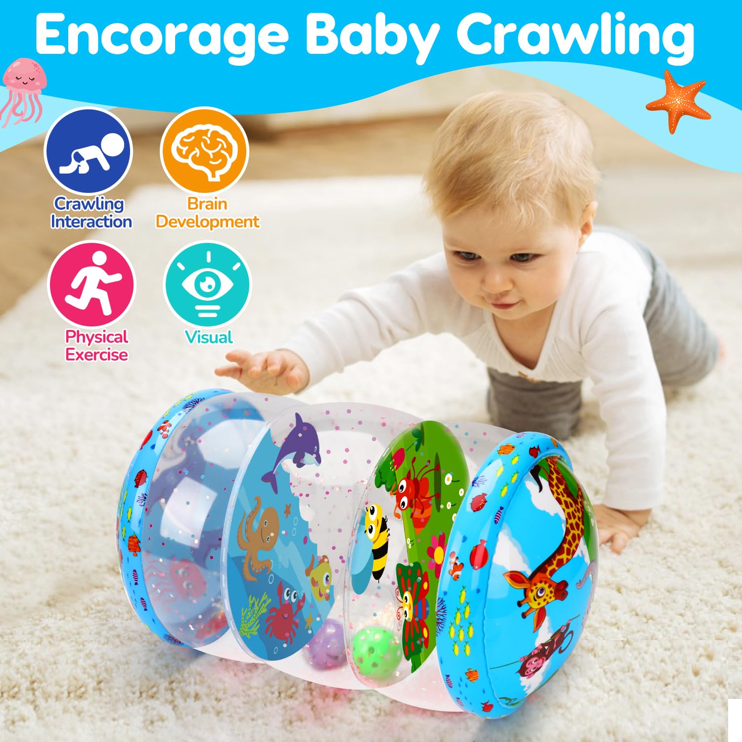Thremhoo baby toy shows two rattling balls for sound and touch.