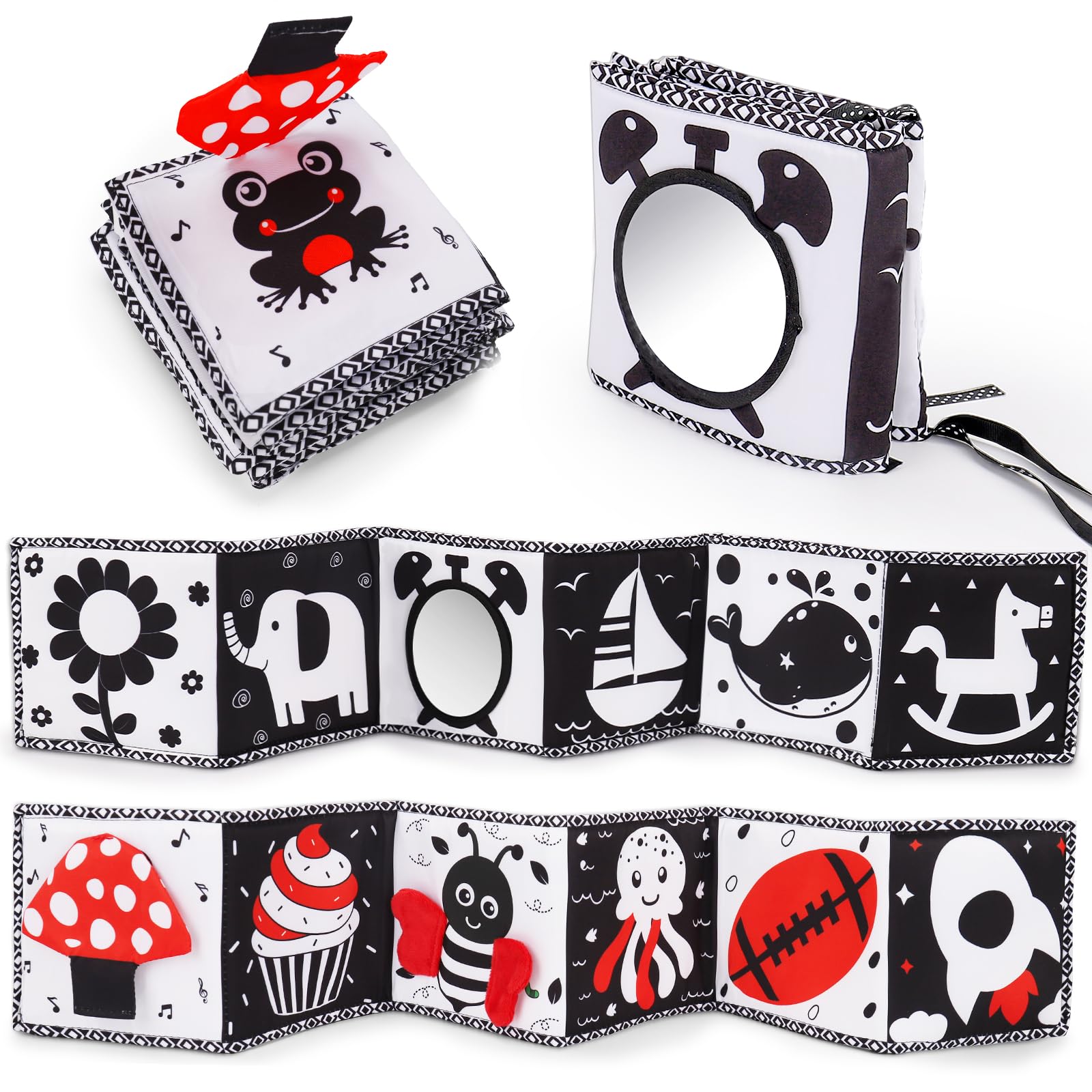 Thremhoo high-contrast soft book with mirror engages baby's gaze