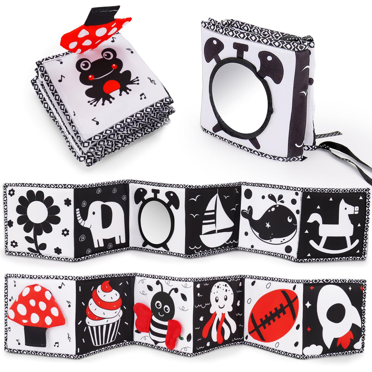 Thremhoo high-contrast soft book with mirror engages baby's gaze