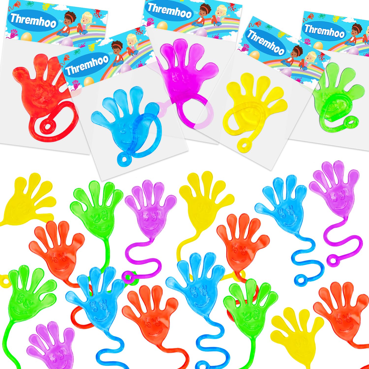 Thremhoo sticky hands in assorted colors for party favors and classroom prizes.