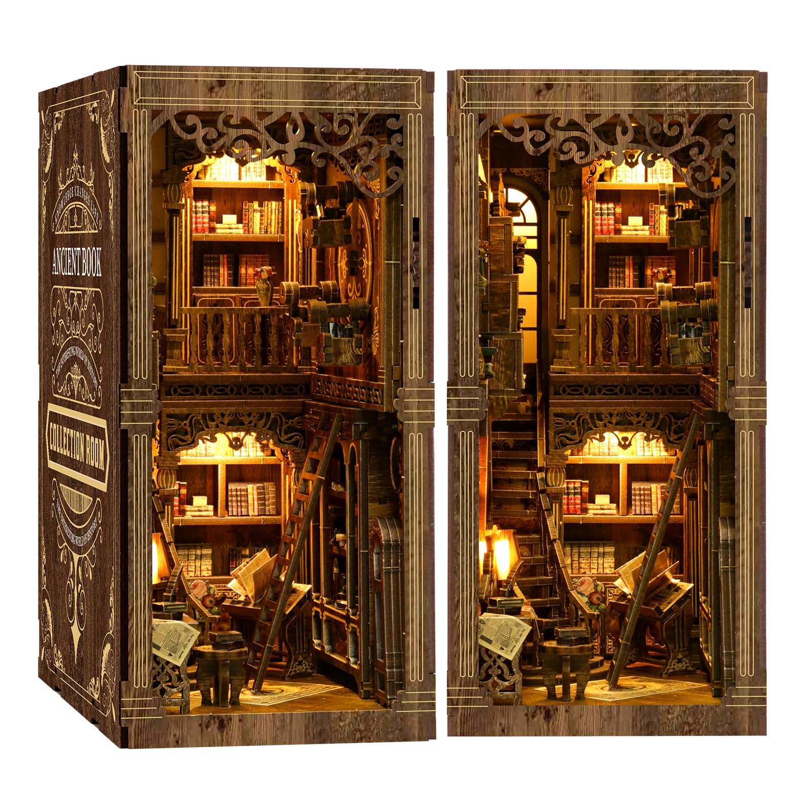 THRIVINGIVAN Book Nook Kit assembly highlights a detailed mini bookshelf for personalized decor