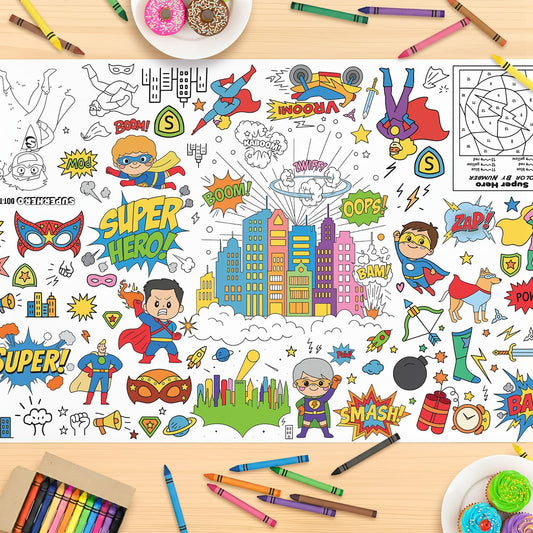 Thtags superhero coloring tablecloth ready for group party coloring on a large table