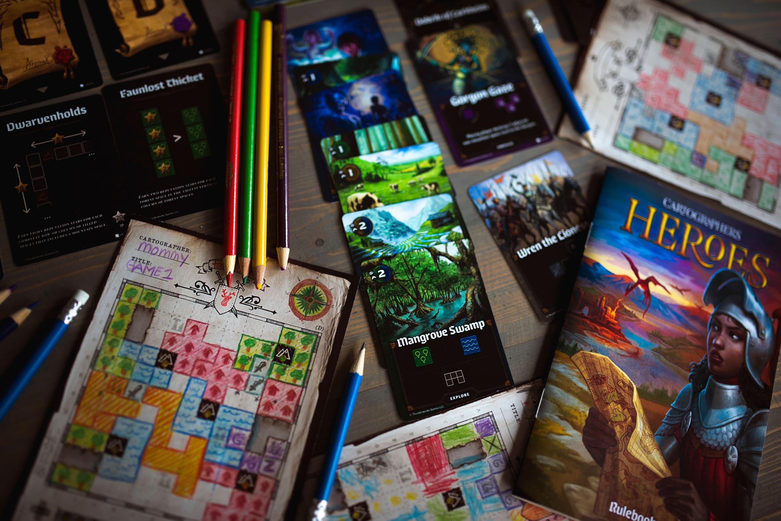 Thunderworks Cartographers Heroes explore cards showcase new quests and map opportunities