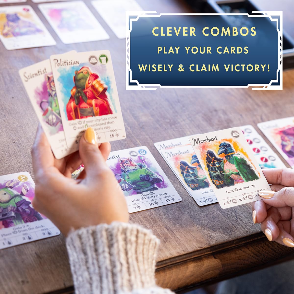 Thunderworks Games Citizens of The Spark cards in action illustrating card-drafting and tableau building.