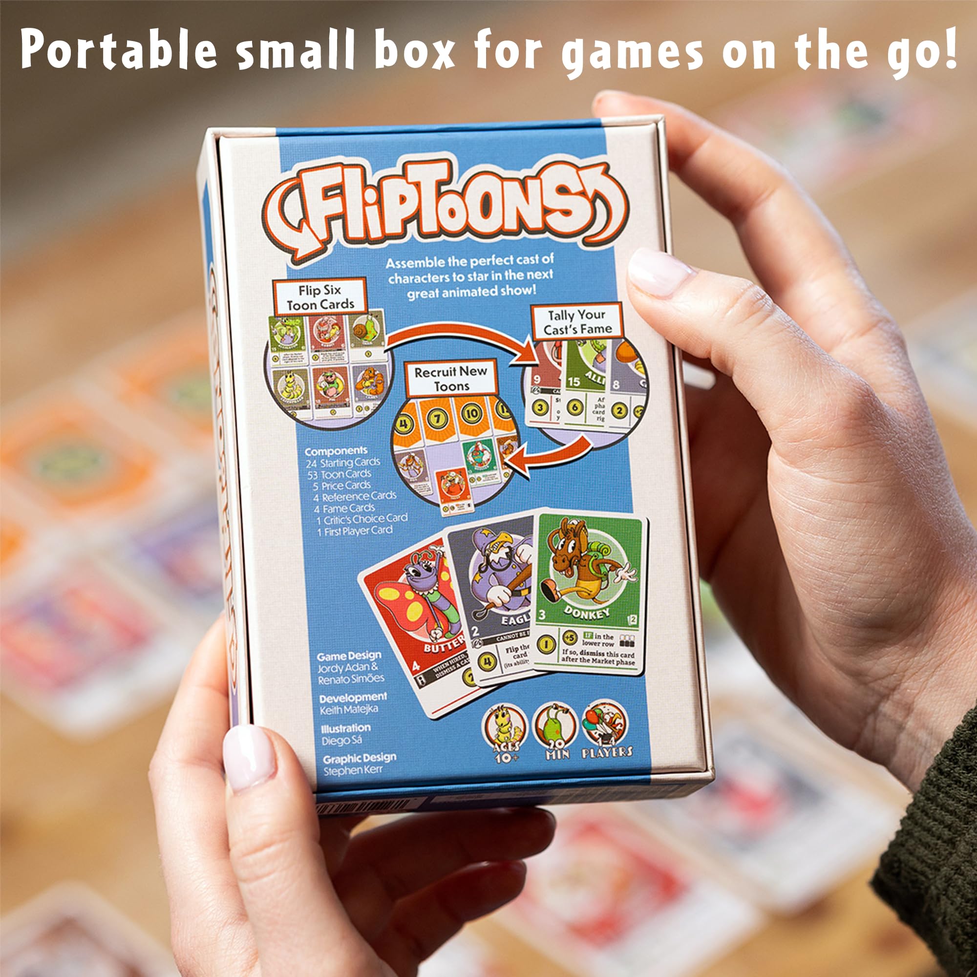 Thunderworks FlipToons compact box fits in bags for travel.