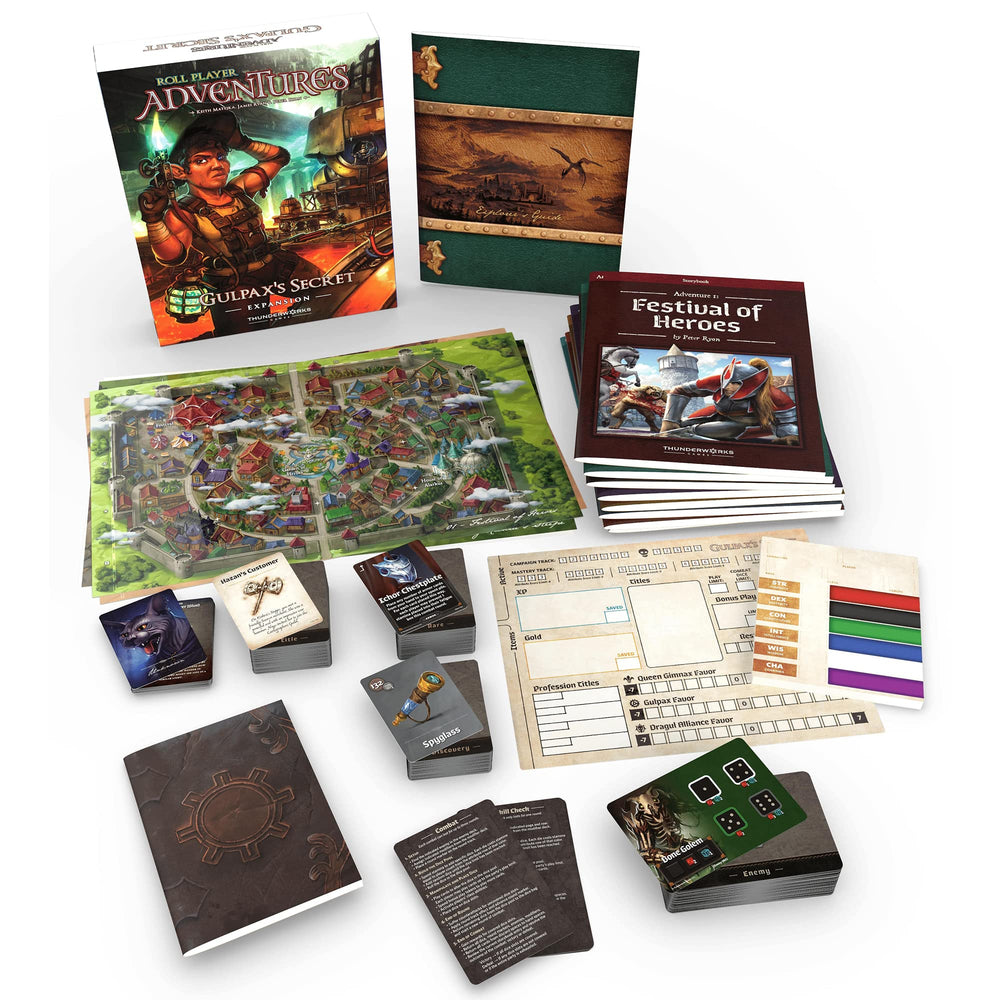 Thunderworks Roll Player Adventures spread shows characters and pre-generated heroes for quick setup.