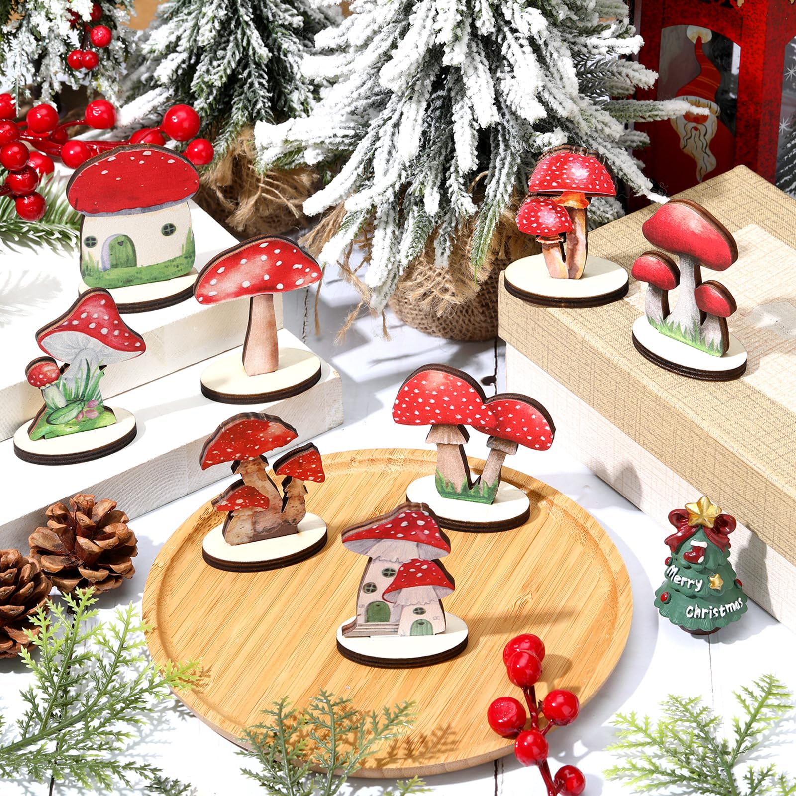 Thyle baby shower decor mushrooms enliven centerpiece tables and photo areas.