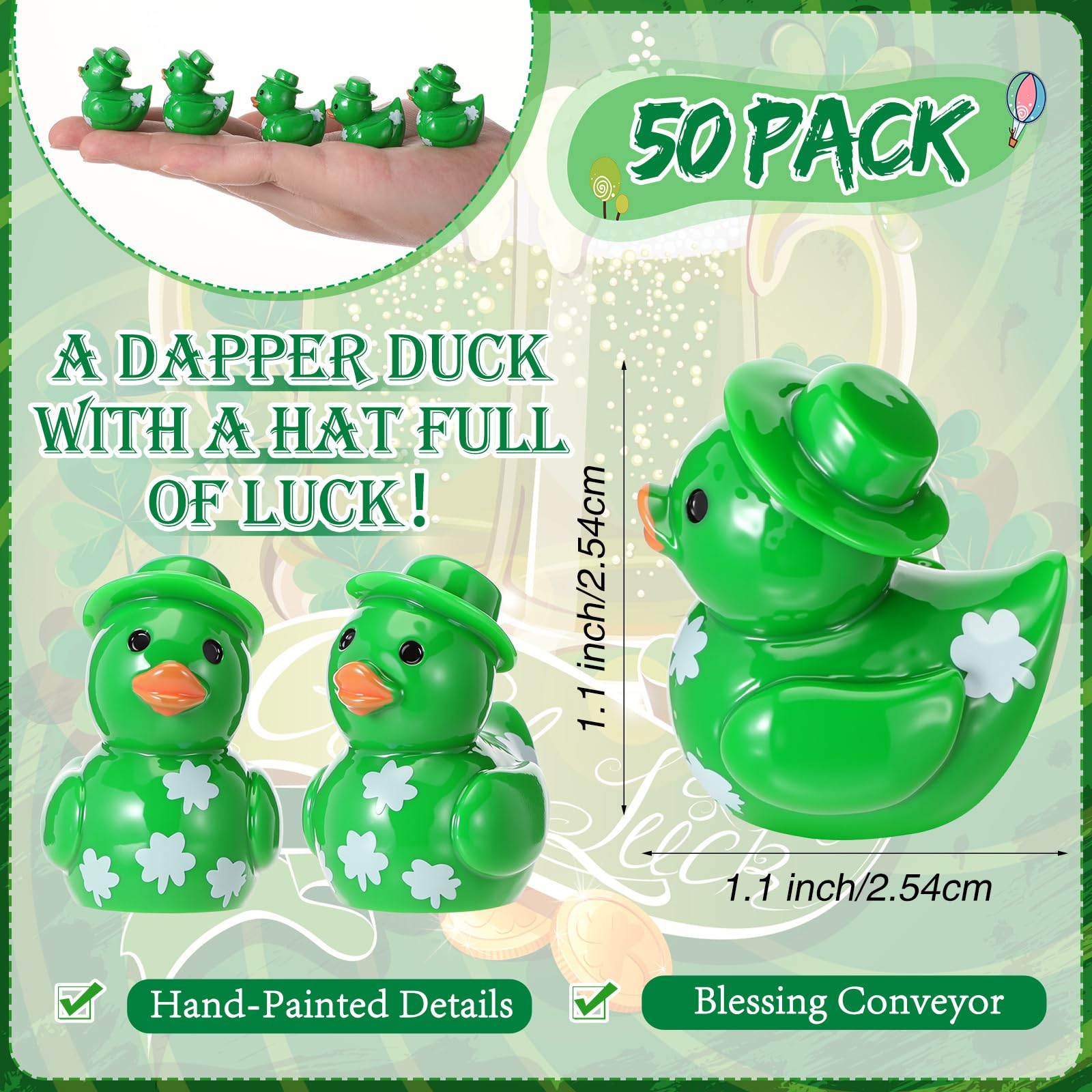 Thyle green shamrock duck with top hat for playful St Patrick's Day games