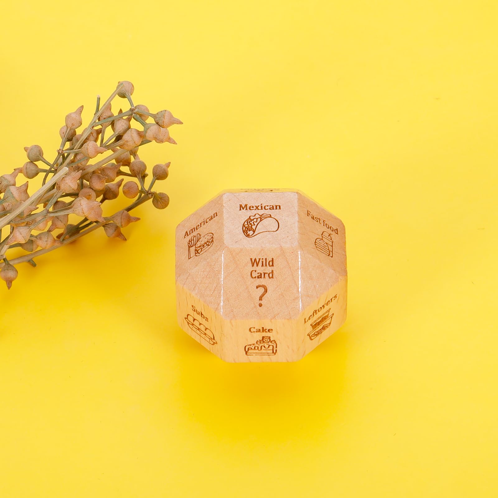 TI-EDC Date Night Dice close up of wooden dice and laser engraving for readability.