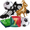 TiAaihion 4D football balloons decorate a soccer field backdrop for game day celebrations.