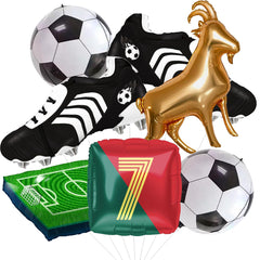 TiAaihion 4D football balloons decorate a soccer field backdrop for game day celebrations.