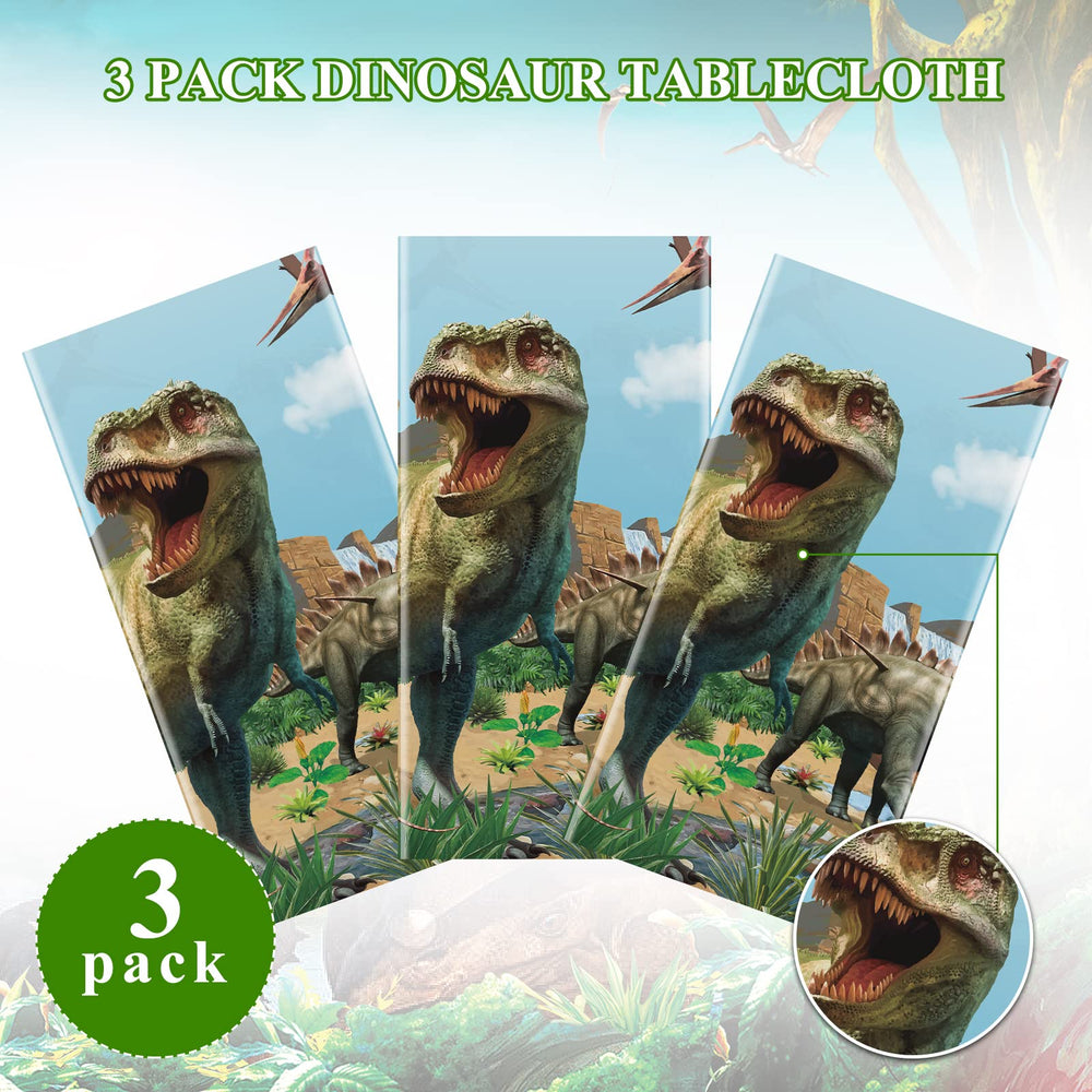 Tiamon dinosaur tablecloth spread on blue table scene showcases vibrant party setup