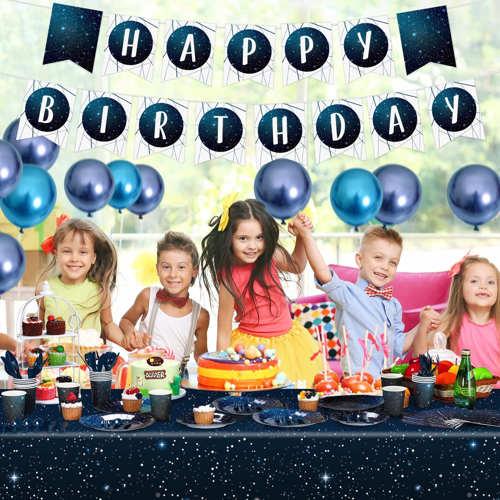 Tiamon galaxy tablecloths drape smoothly, creating a sparkling backdrop for photos.