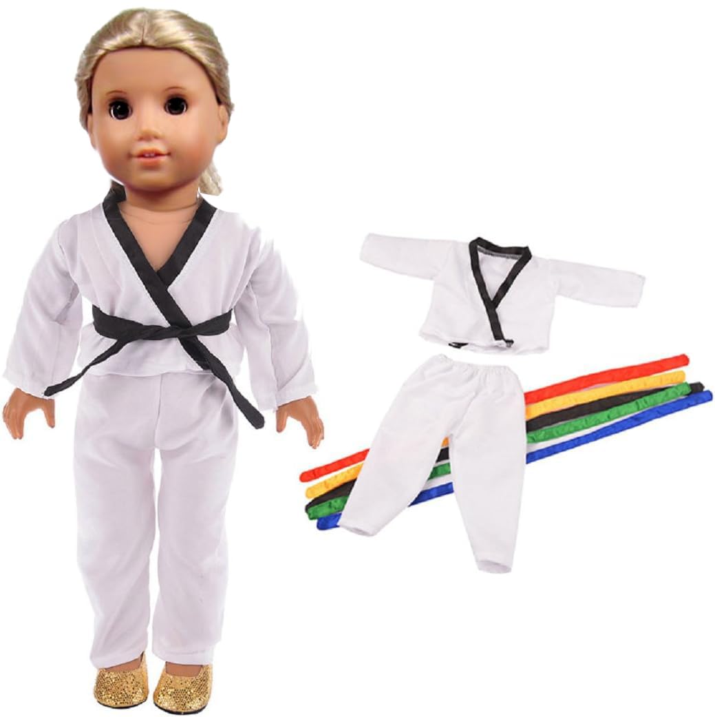 TianBo 18-inch doll karate outfit front view, ideal for imaginative martial arts play