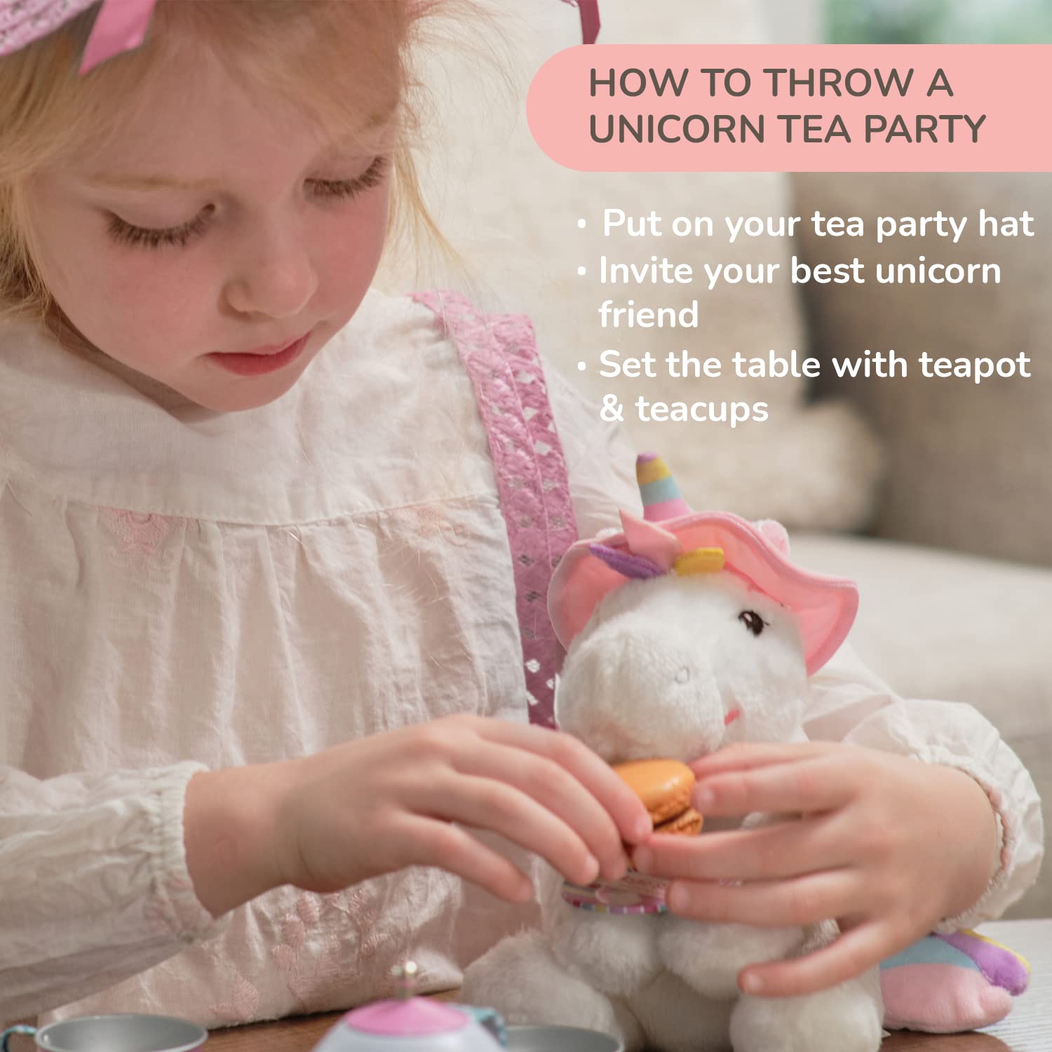 Tickle and Main rainbow unicorn tea party set party hat adds festive dress-up fun