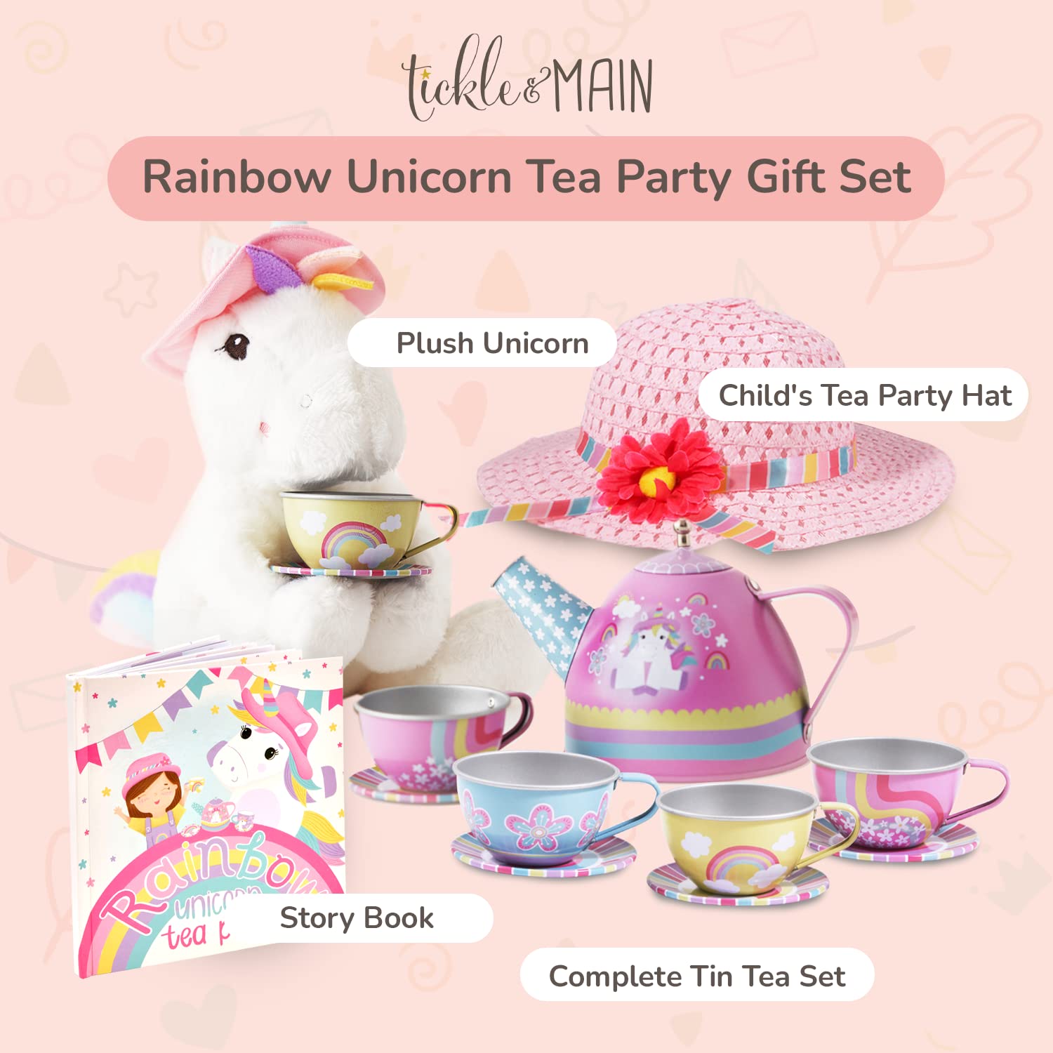 Tickle and Main plush tea party set rainbow cups invite kid-sized pretend tea parties