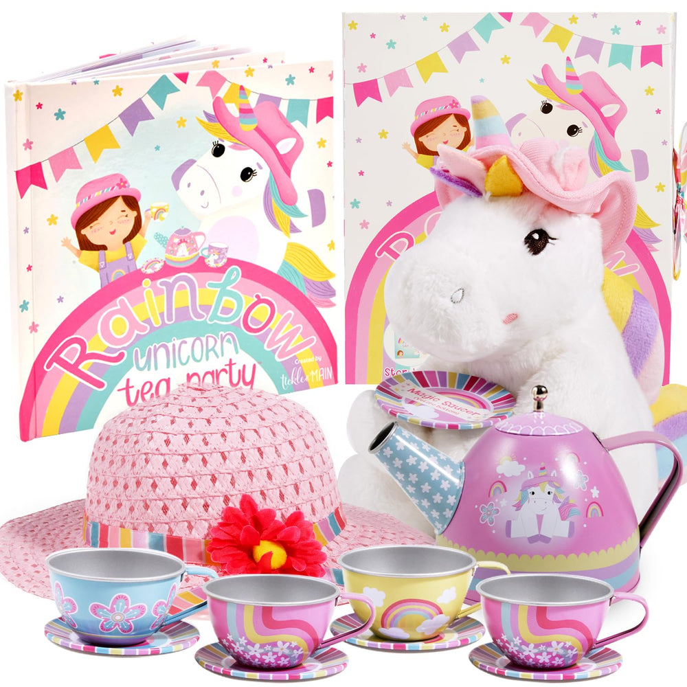 Tickle and Main plush tea party set unicorn rainbow teapot enhances imaginative play and storytelling