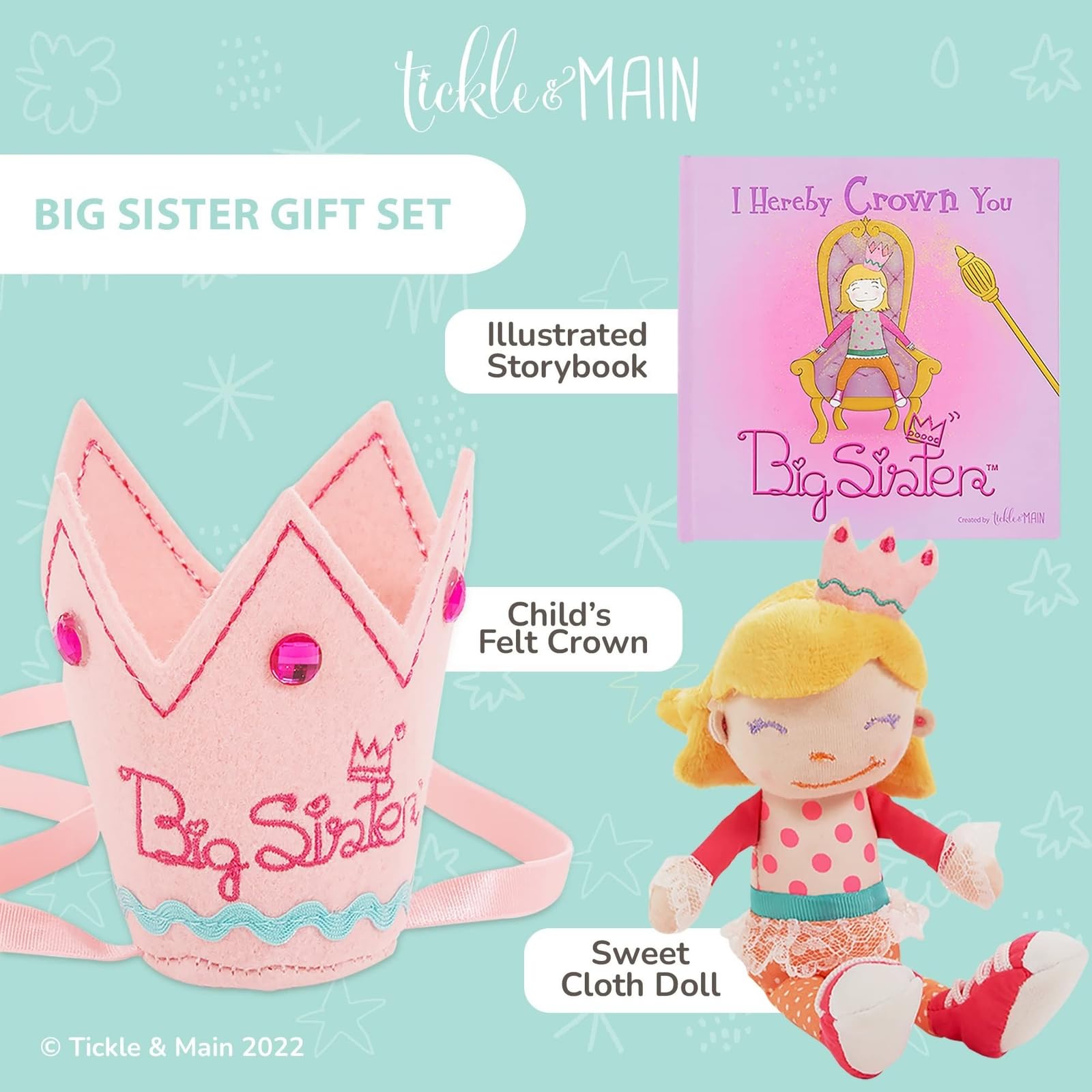 Tickle & Main big sister gift set doll-8-inch highlights a cuddly companion for nurturing play.