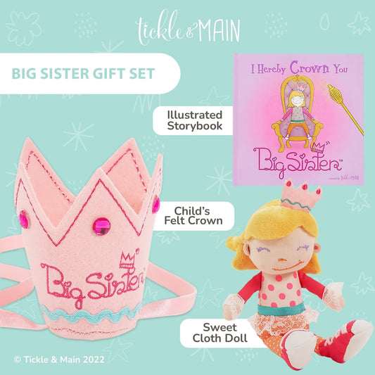 Tickle & Main big sister gift set doll-8-inch highlights a cuddly companion for nurturing play.