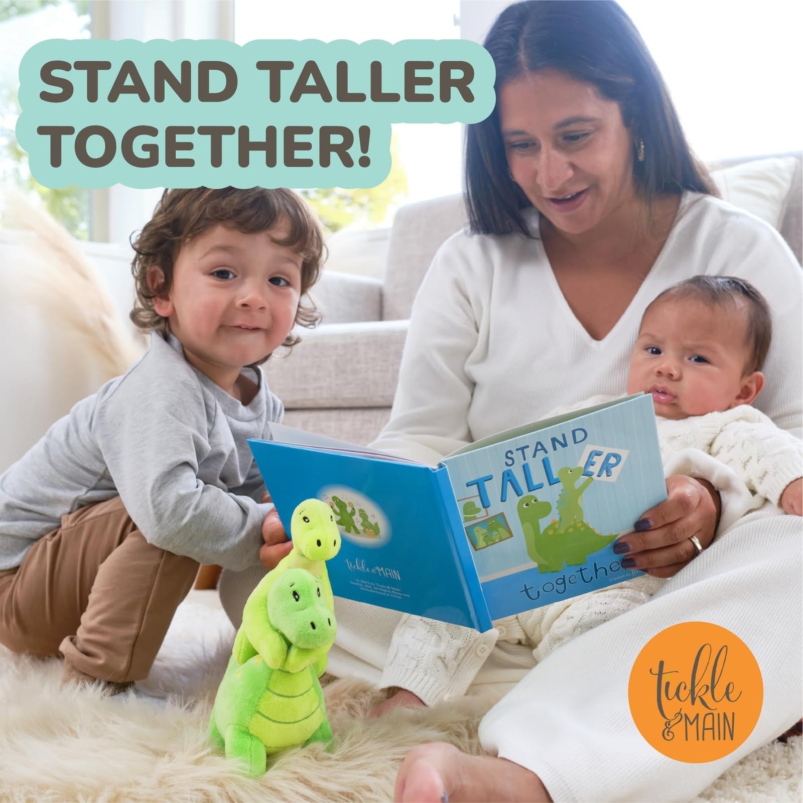 Tickle & Main soft cotton dinosaur plush demonstrates skin-friendly material for young children.
