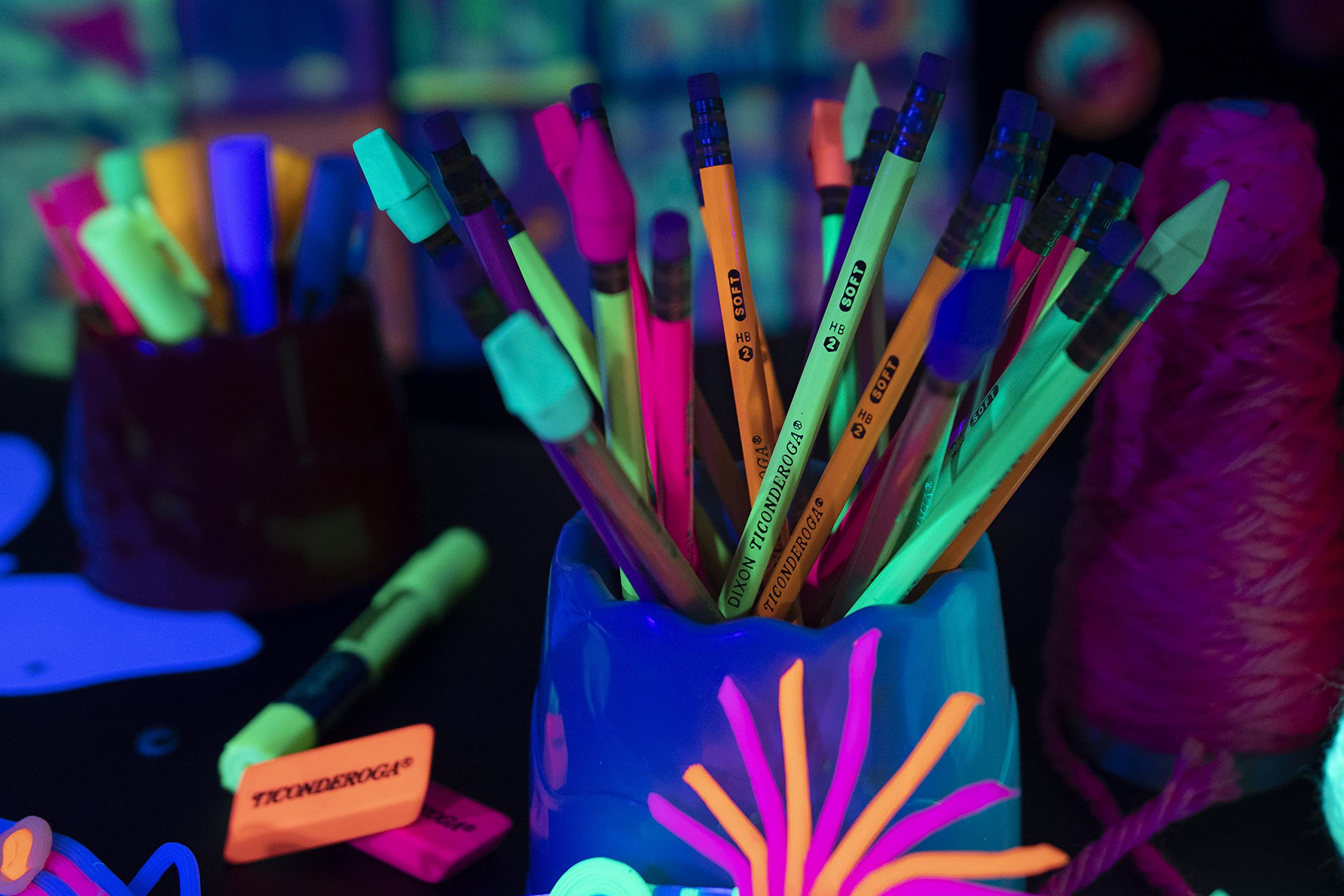 Ticonderoga neon erasers packaging shows contents and colors