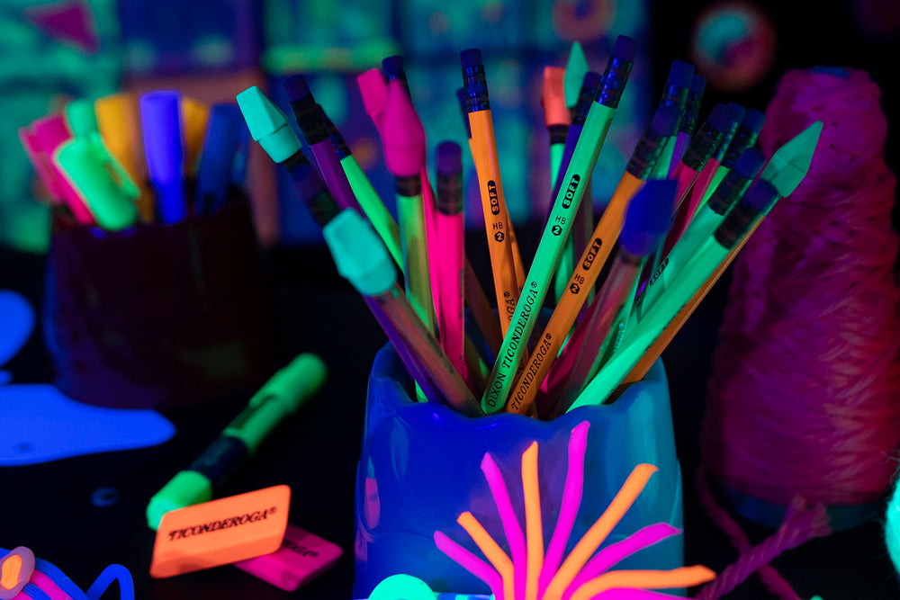 Ticonderoga neon erasers packaging shows contents and colors
