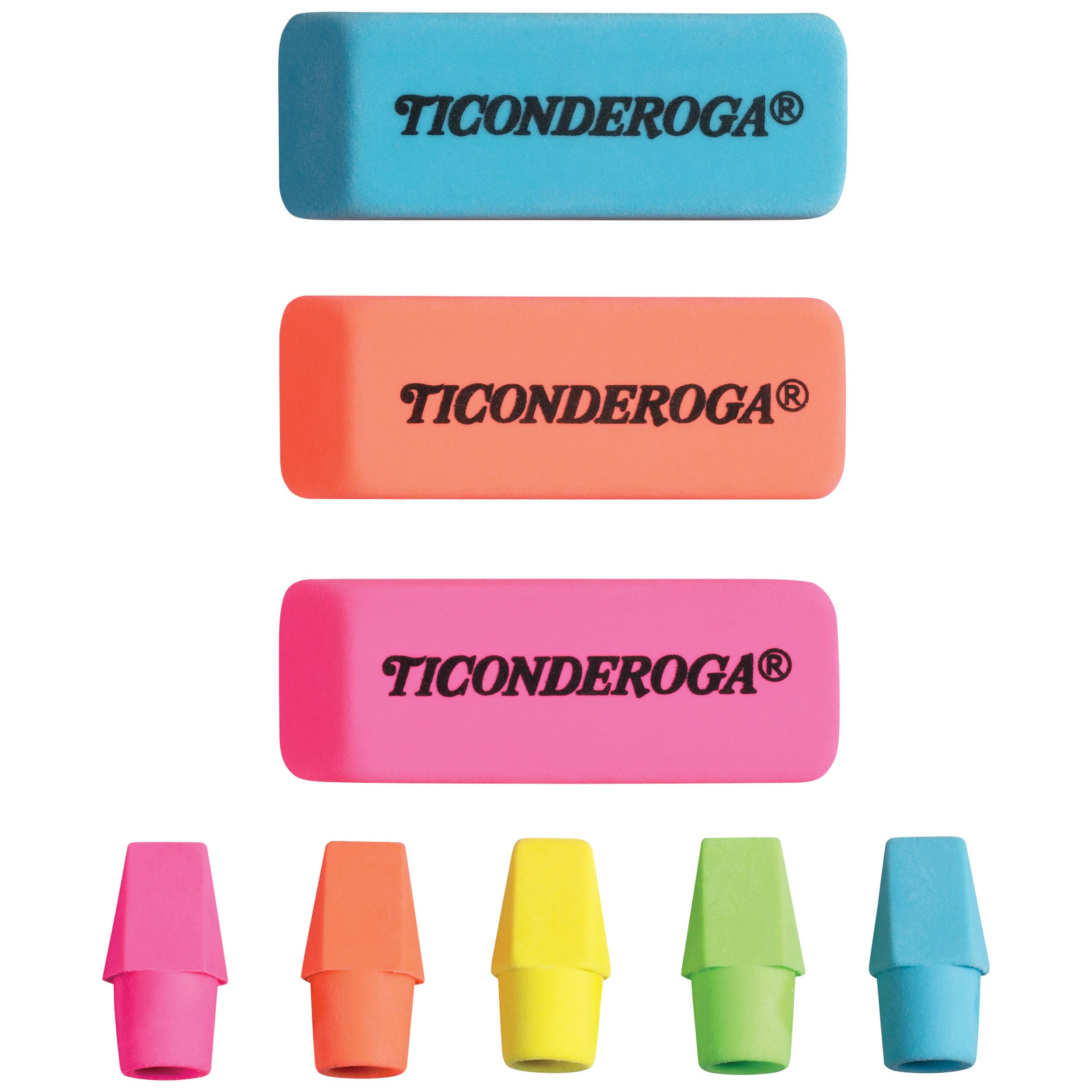 Ticonderoga neon erasers on desk show vibrant colors for easy selection