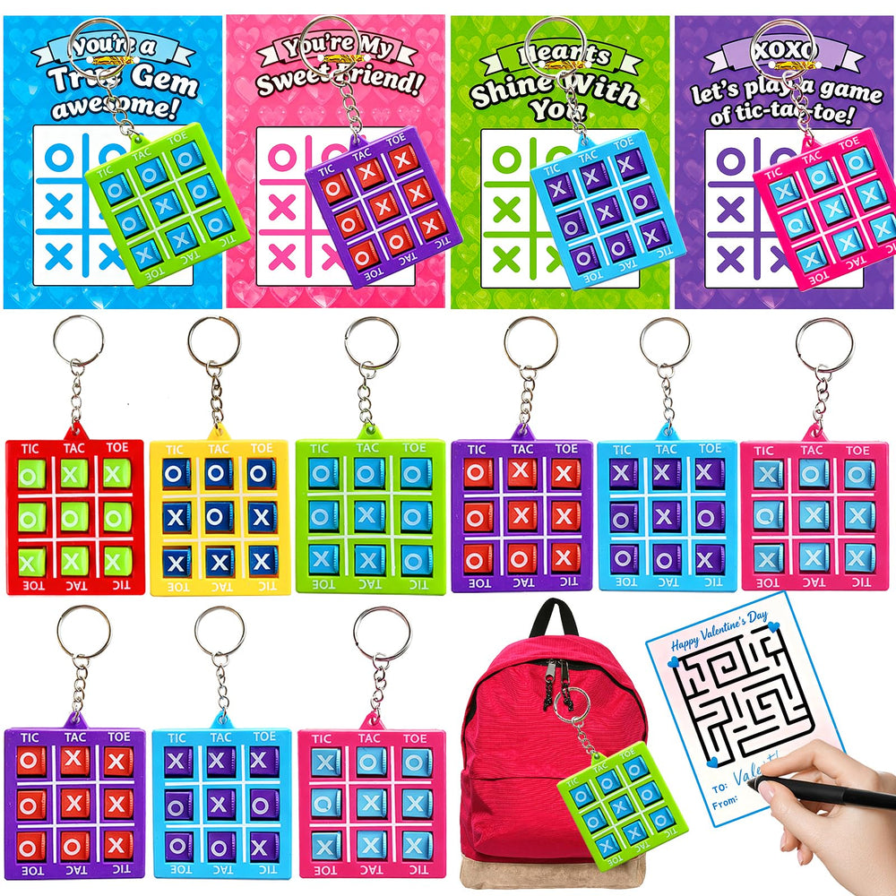 Tidesiok valentines tic-tac-toe keychains attached to classroom cards for exchanges.