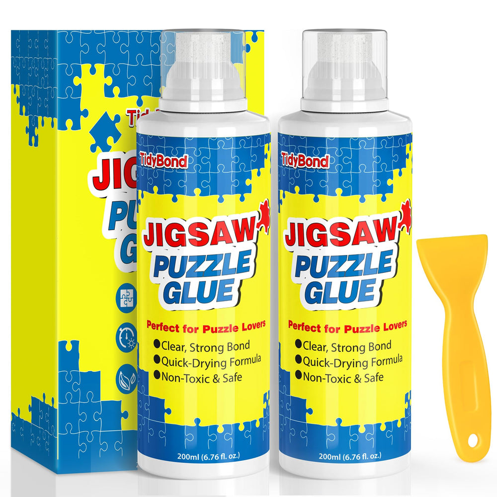 Tidybond jigsaw glue bottle—crystal-clear finish for puzzle preservation.