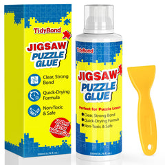 Tidybond jigsaw glue bottle with crystal-clear finish preserves puzzle colors