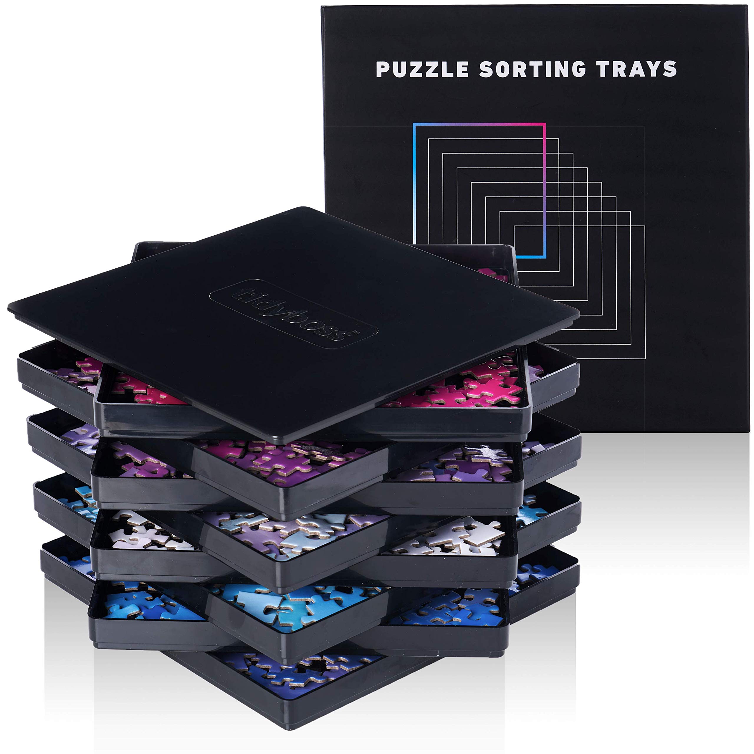 TIDYBOSS 8-piece puzzle trays with lid for organized sorting and secure transport.