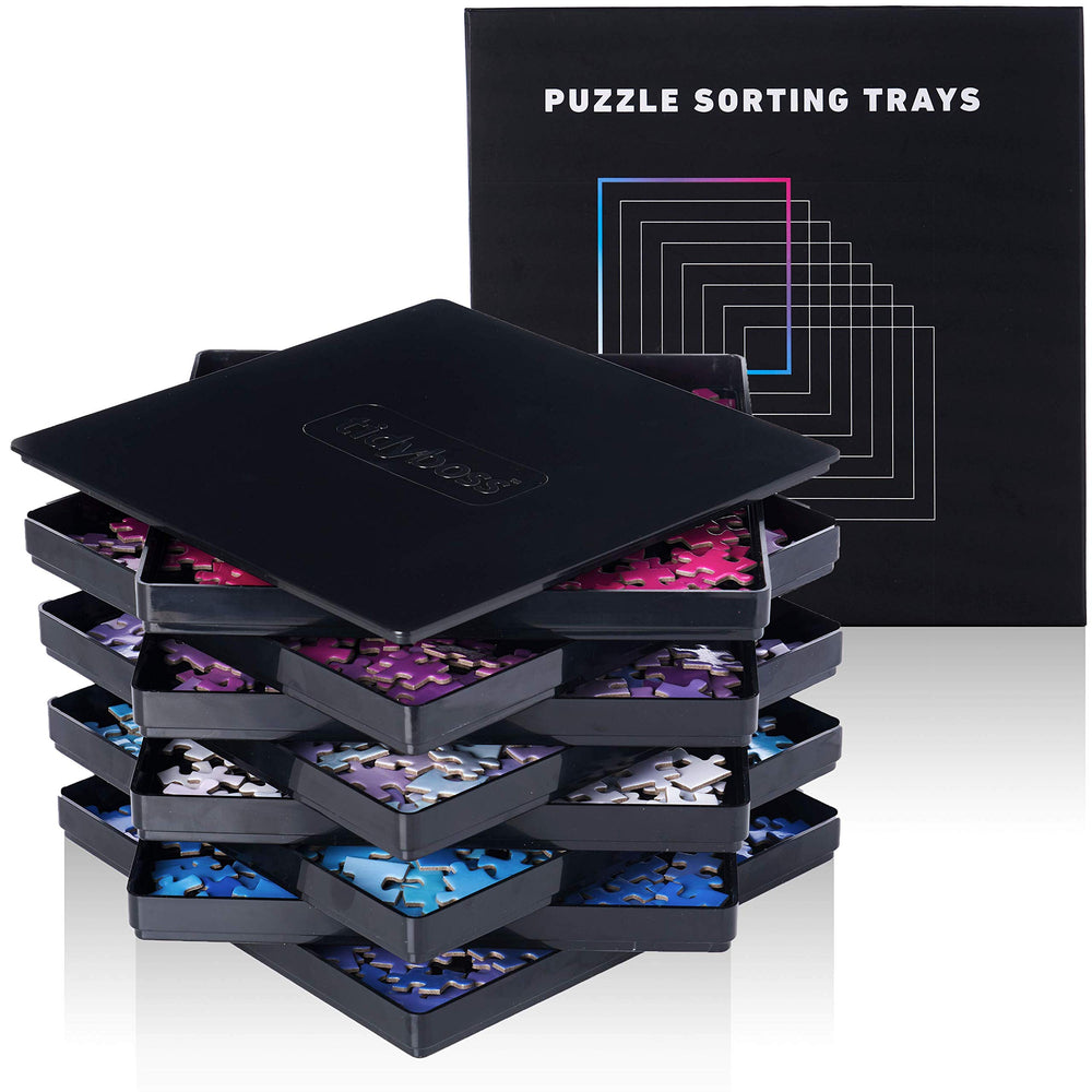 TIDYBOSS 8-piece puzzle trays with lid for organized sorting and secure transport.