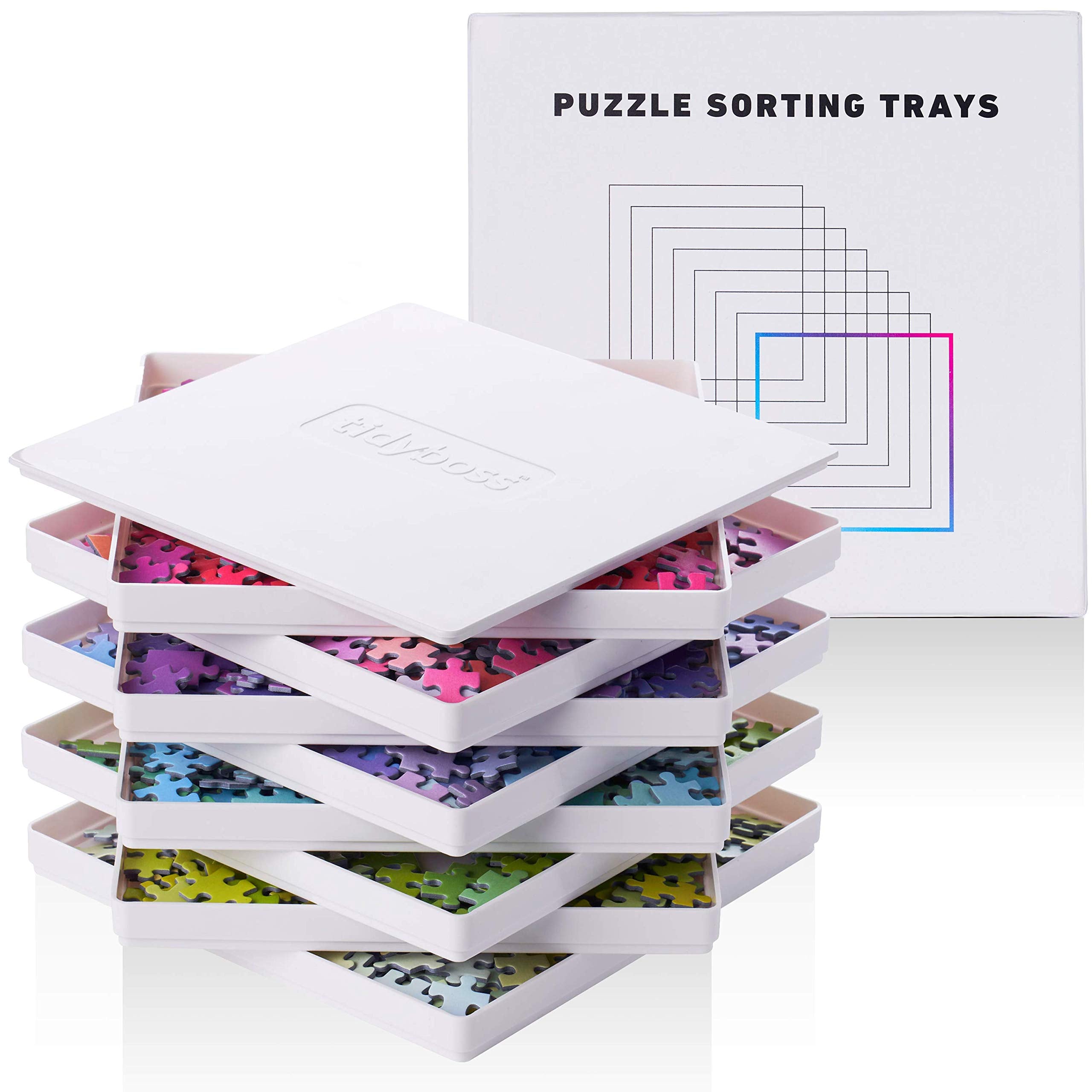 Tidyboss 8-piece puzzle trays with lid for organized sorting on a flat surface