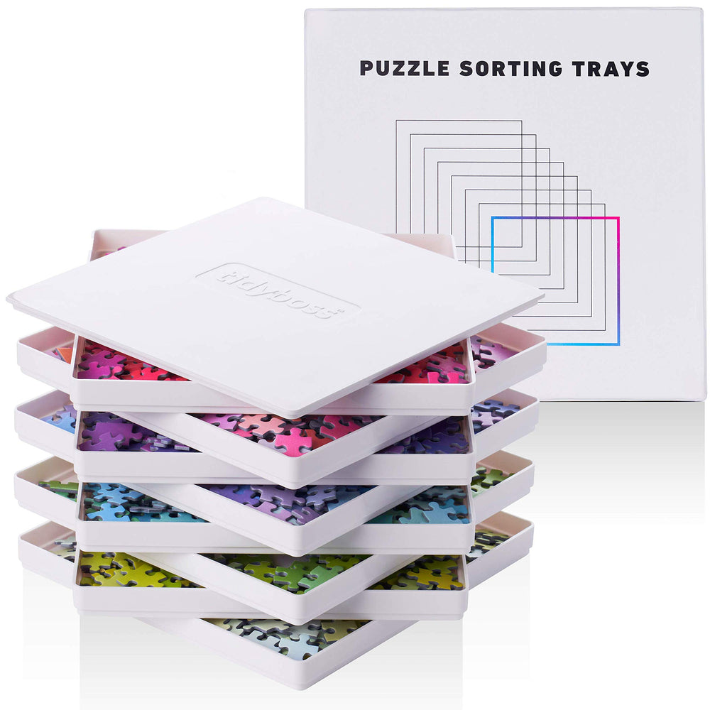 Tidyboss 8-piece puzzle trays with lid for organized sorting on a flat surface