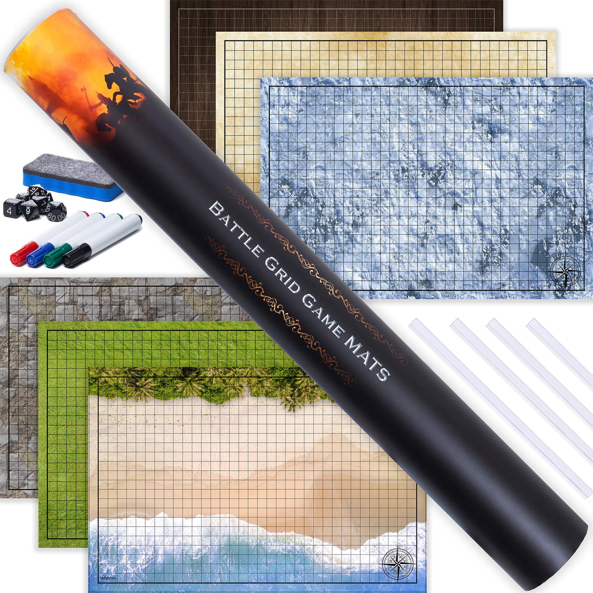 Tidyboss DND Starter Set flat grid mat for crease-free, smooth battle layouts